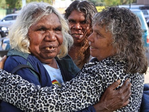 Muckaty traditional owners Doris Kelly, Gladys Brown and Elaine Peckham celebrate victory in their battle to stop the imposition of a nuclear waste dump. Photo via Friends of the Earth Australia.