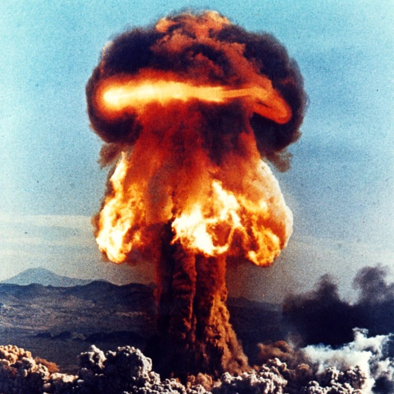 A closeup of the fireball and mushroom cloud from the Upshot-Knothole Grable atomic bomb test in Nevada, 25th May 1953. The 1950's and '60's bomb tests, we can now calculate, caused uncounted millions of cancer deaths. Photo: Federal Government of the Uni