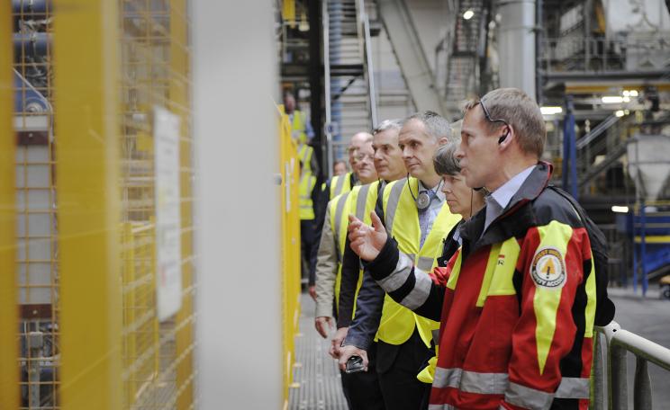 Simon Hart, EGGER Business Development Manager, (right) shows representatives of the forestry industry and Northumberland County Council around the EGGER site at Hexham. 
