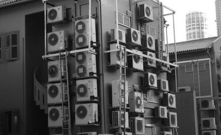 Air conditioners attached to a building