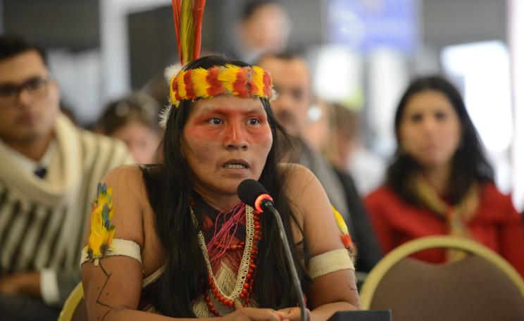Ecuador: Tagaeri and Taromenani Case 156 Regular Period of Sessions October 19, 2015   Speaking at the microphone, audience witness: Alicia Cahuiya, Huaorani indigenous   Photo credit: 