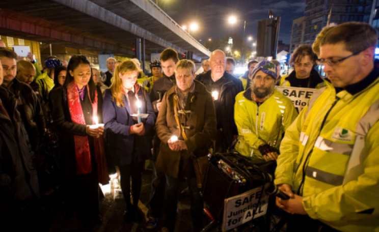 Cyclist's vigil at Bow following the sixth cyclist death in 2 weeks. Photo: Ben Broomfield.