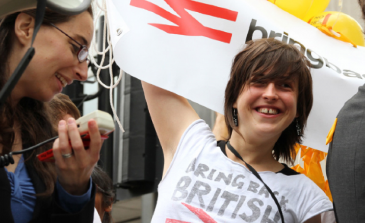 Ellie Harrison campaigning for a publicly owned railway system. Photo: Robin Prime.