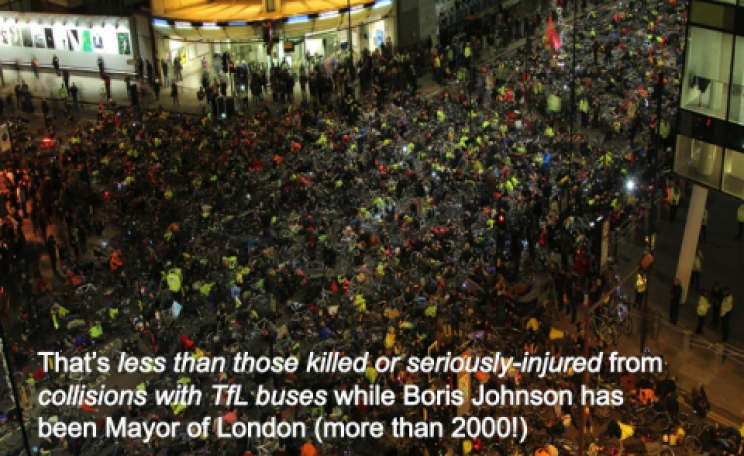 In late 2013 this mass die-in took place outside the TFL headquarters to protest the spate of deaths and injuries to London cyclists. Photo: Stop Killing Cyclists.