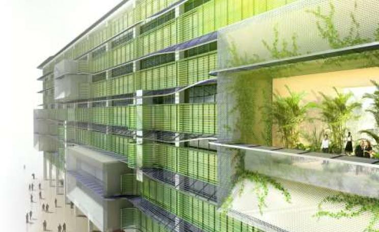 the 'green wall' that Ecover has planned for its new offices will feature adjustable lattices to take advantage of low latitude sun for space heating, while reflecting off surplus summer heat. Image: Ecover.