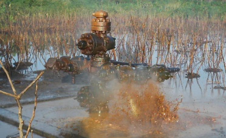 A Shell oil well-head in Ogoniland - situated in a wetland, and surrounded by spilt oil. Photo by Friends of the Earth International via Flickr.