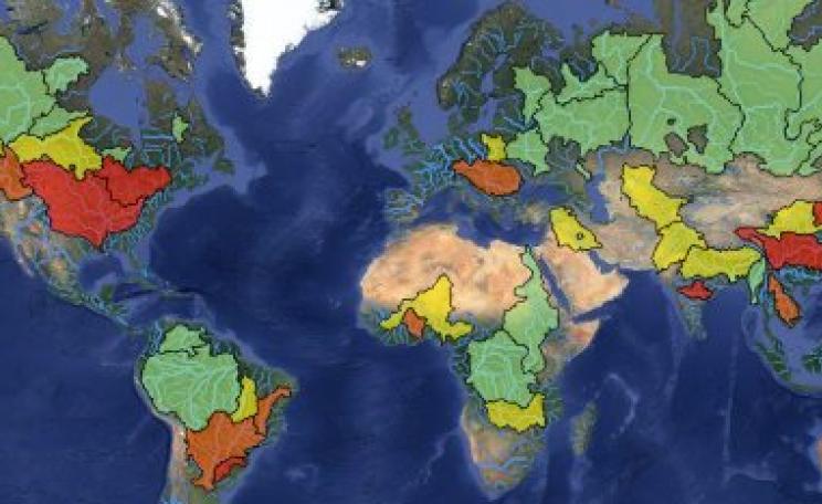 The database shows information for the world's 50 major river basins. Map: International Rivers.