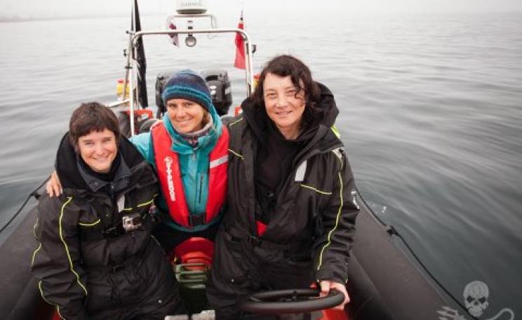 Sea Shepherd crew of the Spitfire: Celine Le Diouron and Marion Selighini, both from France, and Jessie Treverton of the UK. Photo: Sea Shepherd / Barbara Veiga.