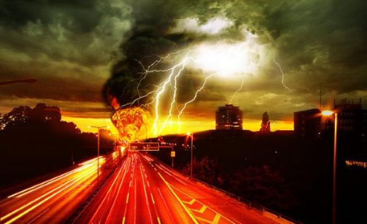 The road to hell - that's where we are heading if we do not act on climate. Photomontage: Andreas Levers via Flickr.  A115 Autobahn by Andreas Levers. Lightning by ~Prescott. Cloud lightning by Kristiewells. Fire and smoke by Jason Gillyon.