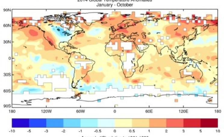 January-October 2014 average air temperature anomalies over land and sea surface temperature anomalies over the oceans (relative to the 1961-1990 average) from the HadCRUT.4.3.0.0 data set. Image: WMO.
