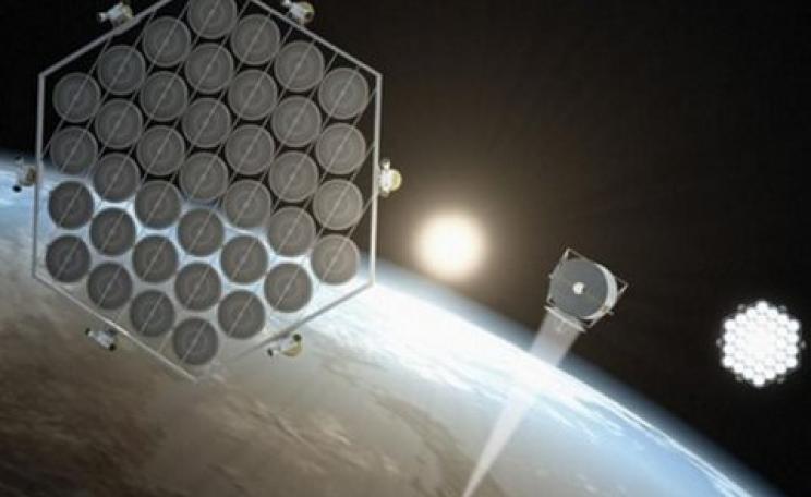 Solar panels in space work very efficiently. But how to get them there? And how to get the power down to Earth? Image: John MacNeil via Greenpeace.