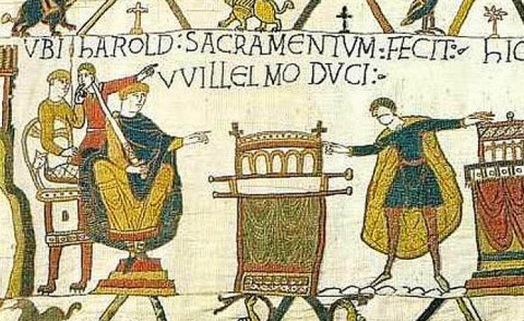 The biggest stitch up since the Bayeux Tapestry? Here Harold Earl of Wessex is shown swearing an oath to deliver the English crown to Duke William of Normandy. Photo: Wikimedia Commons.