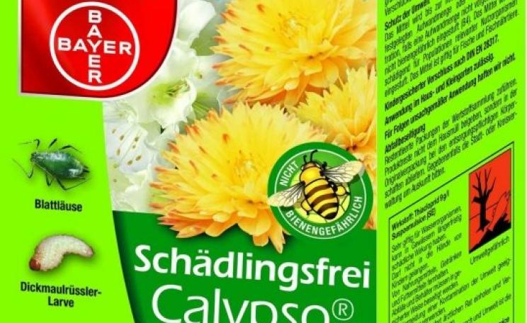 A pack of Bayer's 'Calypso' pesticide that contains the bee-toxic neonicotinoid Thiacloprid, complete with the 'not harmful to bees' logo - as sold in Germany.