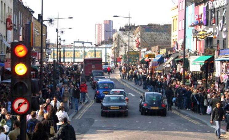 Kentish Town Road, London, at Camden Lock - where the car is king, cyclists are princes, and the thousands of pedestrians have to make do with what's left to them. Photo: Paolo Margari via Flickr (CC BY-NC-ND 2.0).