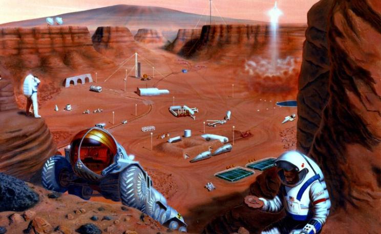 Just don't bring a nuclear power plant! Mission to Mars as envisioned by Pat Rawlings in 1985 for NASA. Image: Pat Rawlings / NASA.