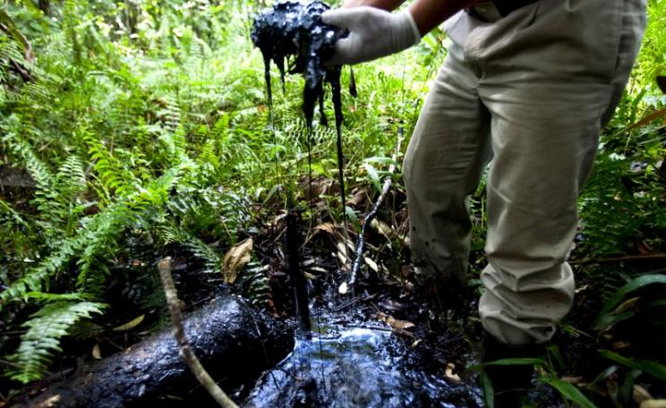 Crude oil in an open toxic oil waste pit abandoned by Texaco / Chevron in the Ecuadorean Amazon Rainforest near Lago Agrio. Photo: Caroline Bennett / Rainforest Action Network via Flickr (CC BY-NC).