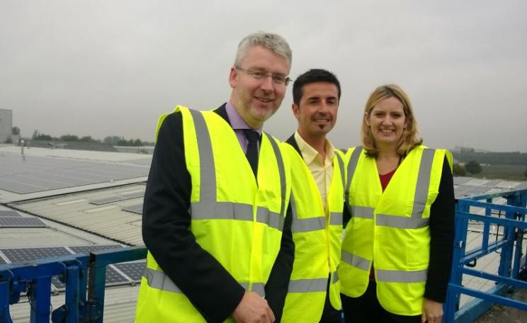 Energy Secretary Amber Rudd at the launch of Kingspan Energy’s latest solar PV project on their warehouse roof in Selby, 7th October 2014. The array spans 30,000 sq.m, making it largest rooftop solar renovation project in UK. Photo: DECC via Flickr (CC