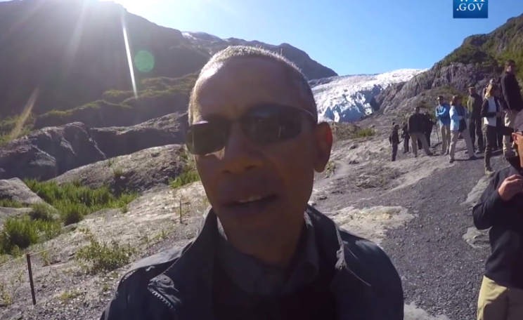 President Obama in the American Arctic, Alaska, in from of a fast-retreating glacier, 4th September 2015. Photo: Still from White House video by Hope Hall (see video embed).