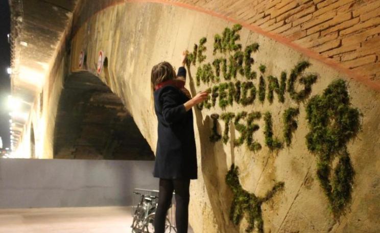 'We are Nature defending itself': an activist makes moss graffiti in Paris with the slogan of the Climate Games. Photo: @JEBA_JE via Twitter.