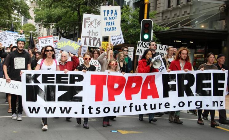 The TPP is none too popular in New Zealand, where trade ministers are signing it today, either. No TPPA! march in Wellington, NZ, 31st March 2014. Photo: Peg Hunter via Flickr (CC BY-NC).