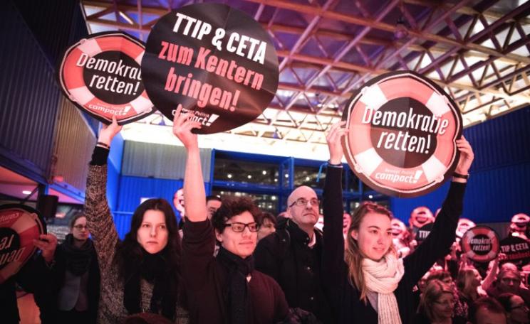 CETA could act as a 'backdoor agreement' for US corporations even if TTIP fails - no wonder they are trying to push it through!  Demo against TTIP & CETA in Hamburg, February 2015. Photo: Foto: Chris Grodotzki / Campact via Flickr (CC BY-NC).