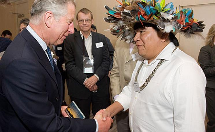 Almir Narayamoga Surui, Chief of the Paiter Surui meeting Prince Charles in 2010 after being awarded a major prize for his humanitarian and ecological work