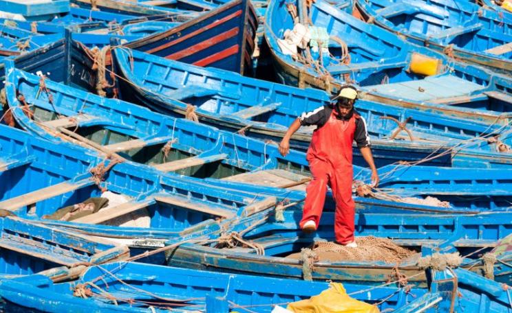 A fisherman walks among the boats in the harbor in the fishing village of Essaouira on Morocco's Atlantic Ocean coast. Photo: Mark Fischer via Flickr (CC BY-SA).