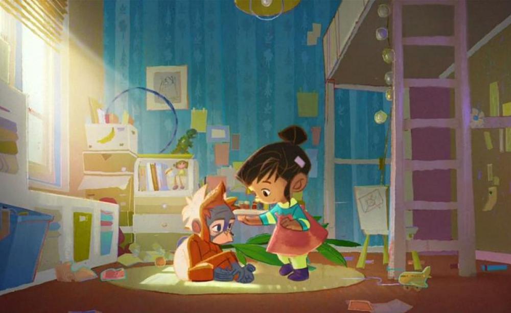 Still from Iceland's anti-palm oil animation, featuring a girl and an orangutan