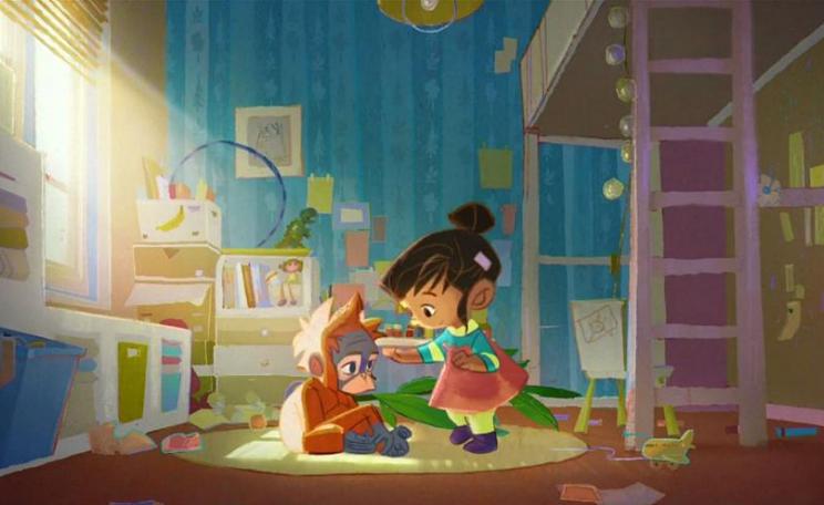 Still from Iceland's anti-palm oil animation, featuring a girl and an orangutan 