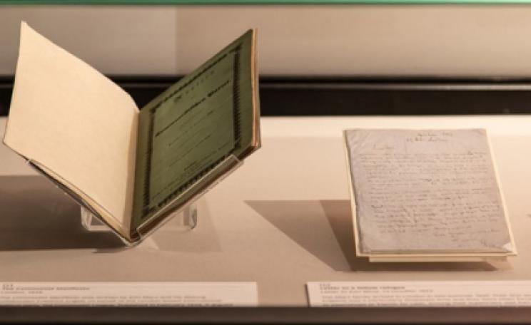 The Communist Manifesto and a letter from Marx on display in the Treasures Gallery  