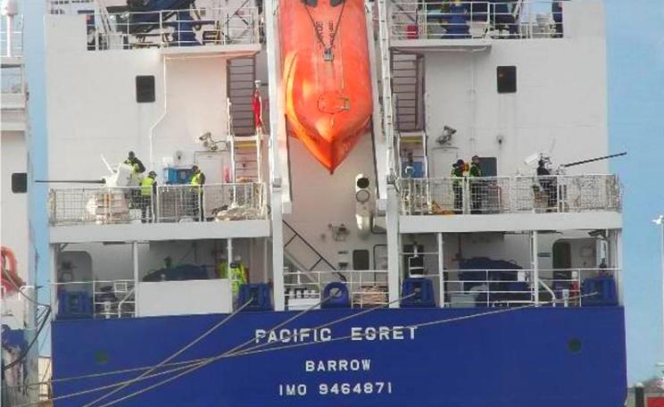 The Pacific Egret, with its small naval cannon visible, left and right, on its rear deck. Left, its companioin vessel, the Pacific Heron. Photo: Cumbrians Opposed to a Radioactive Environment via Facebook.