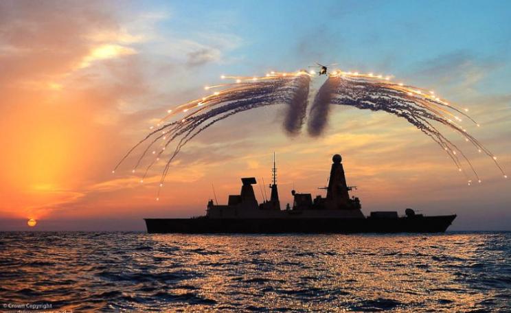 HMS Dragon's Lynx helicopter fires infra red flares during an exercise over a Type 45 destroyer of the kind that won't work in warm seas. Photo: Dave Jenkins / Defence Images via Flickr (CC BY-SA).