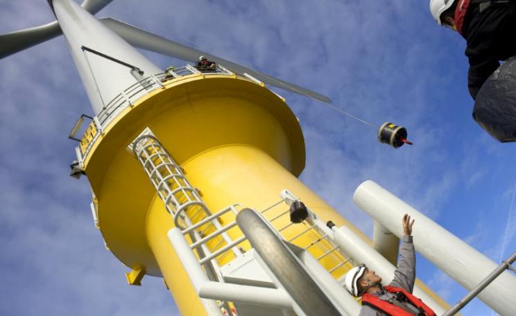 Offshore wind turbine under construction at Burbo Bank, North Sea. Photo: The Danish Wind Industry Association / Vindmølleindustrien via Flickr (CC BY-NC).