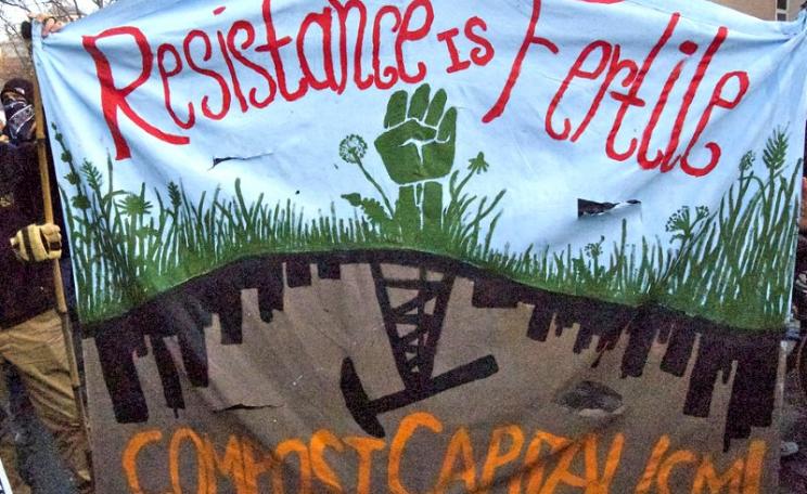 'Resistance is Fertile - Compost Capitalism !' Banner at Occupy Oakland protest against GMOs, 10th December 2011. Photo: Lily Rhoads via Flickr (CC BY).