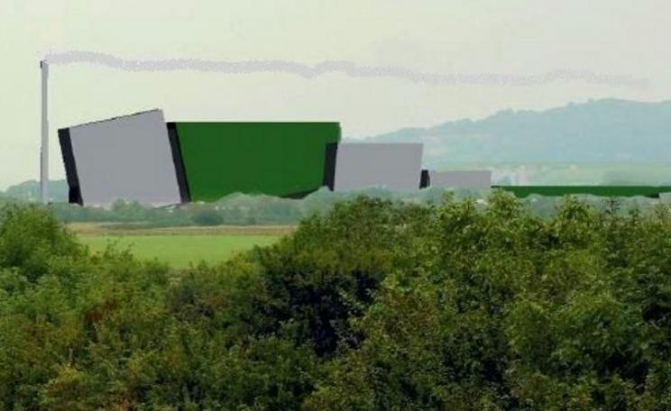 Scale representation of the incinerator in situ, near Junction 12 of the M5, providing a highly dubious 'welcome to Gloucester', adjacent to the AONB. Image: GlosVAIN.